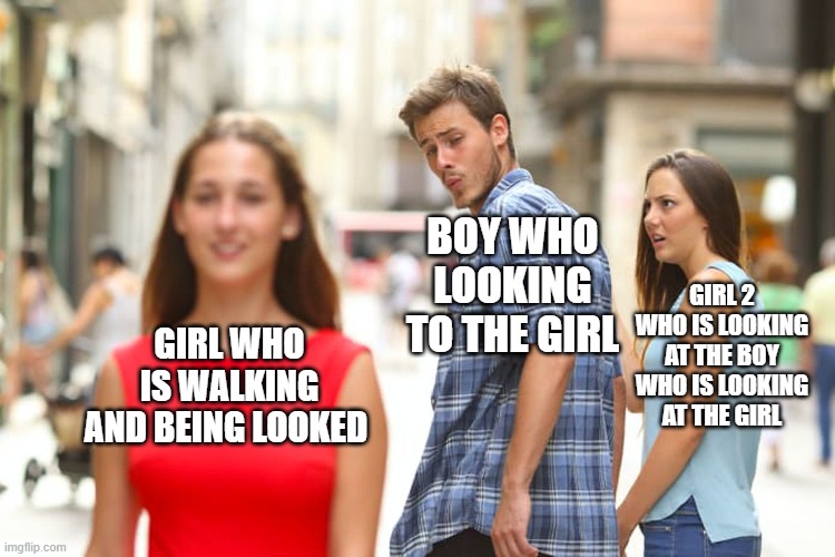 Distracted Boyfriend Meme | BOY WHO LOOKING TO THE GIRL; GIRL 2 WHO IS LOOKING AT THE BOY WHO IS LOOKING AT THE GIRL; GIRL WHO IS WALKING AND BEING LOOKED | image tagged in memes,distracted boyfriend | made w/ Imgflip meme maker