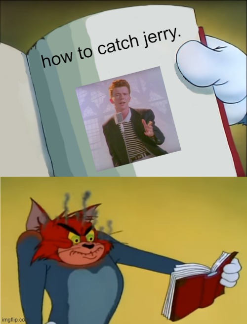 uh oh toms mad. | how to catch jerry. | image tagged in angry tom reading book,rickroll,troll | made w/ Imgflip meme maker