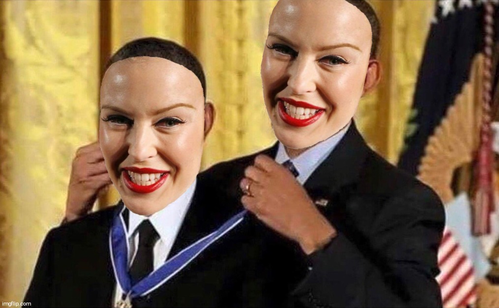 Kylie presenting a medal to Kylie to commend her sheer Kylie awesomeness | image tagged in obama medal,kylie botox mask,kylie minogue,kylieminoguesucks,she's awesome and she knows it,crossover templates | made w/ Imgflip meme maker