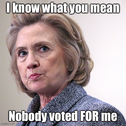 hillary clinton pissed | I know what you mean Nobody voted FOR me | image tagged in hillary clinton pissed | made w/ Imgflip meme maker