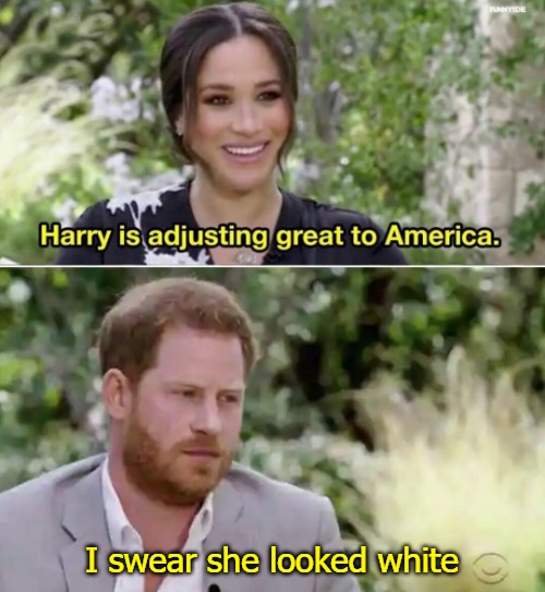 Harry is adjusting great to America. | I swear she looked white | image tagged in harry is adjusting great to america | made w/ Imgflip meme maker