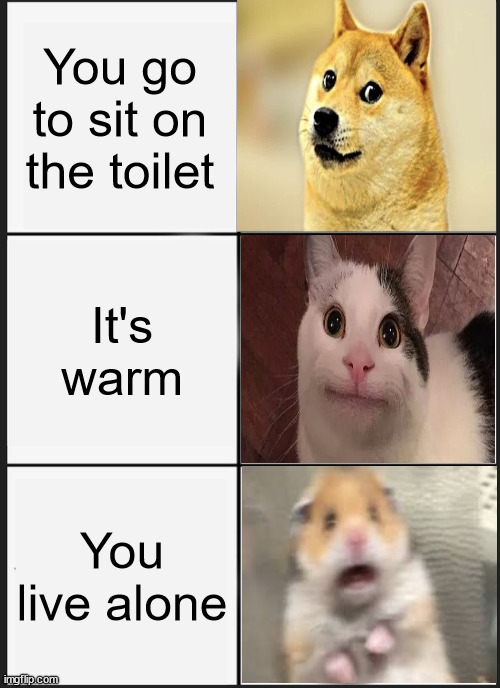 The Ultimate Crossover | You go to sit on the toilet; It's warm; You live alone | image tagged in memes,panik kalm panik | made w/ Imgflip meme maker