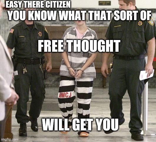 Prisoner in custody | YOU KNOW WHAT THAT SORT OF FREE THOUGHT WILL GET YOU EASY THERE CITIZEN | image tagged in prisoner in custody | made w/ Imgflip meme maker