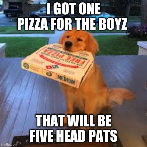 I GOT ONE PIZZA FOR THE BOYZ; THAT WILL BE FIVE HEAD PATS | image tagged in pizza | made w/ Imgflip meme maker