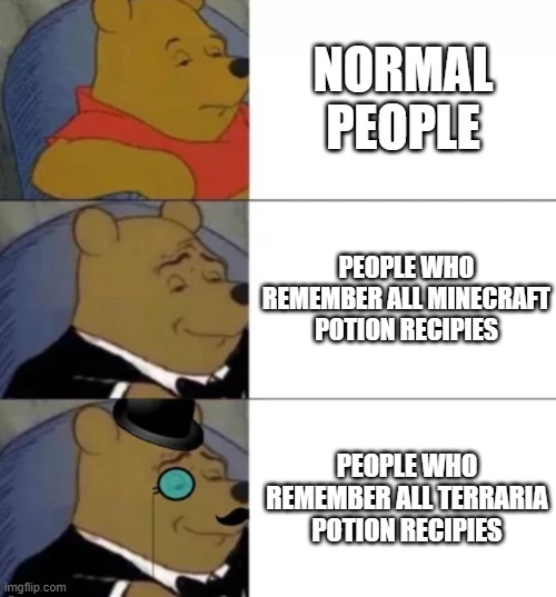 Fancy pooh | NORMAL PEOPLE; PEOPLE WHO REMEMBER ALL MINECRAFT POTION RECIPIES; PEOPLE WHO REMEMBER ALL TERRARIA POTION RECIPIES | image tagged in fancy pooh | made w/ Imgflip meme maker