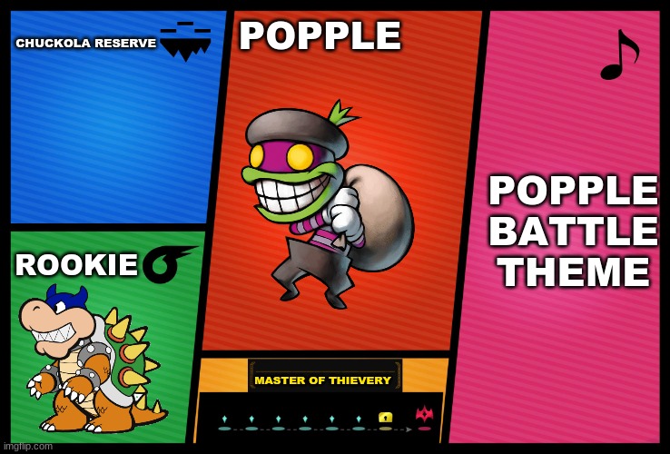 This should be a thing in smash | CHUCKOLA RESERVE; POPPLE; POPPLE BATTLE THEME; ROOKIE; MASTER OF THIEVERY | image tagged in smash ultimate dlc fighter profile | made w/ Imgflip meme maker