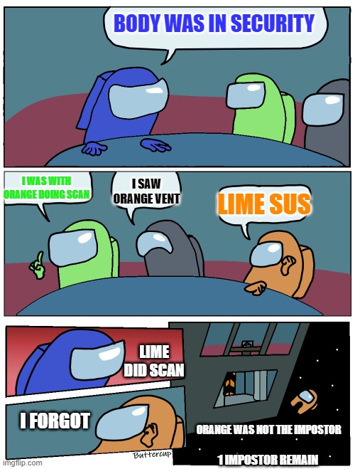 among us boardroom meme | BODY WAS IN SECURITY; I WAS WITH ORANGE DOING SCAN; I SAW ORANGE VENT; LIME SUS; LIME DID SCAN; I FORGOT; ORANGE WAS NOT THE IMPOSTOR; 1 IMPOSTOR REMAIN | image tagged in among us boardroom meme | made w/ Imgflip meme maker