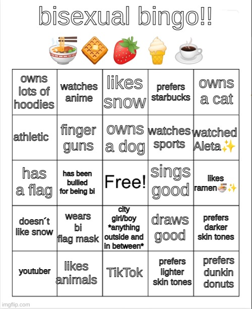 i made a bingo xxxx?? | 🍜🧇🍓🍦☕; bisexual bingo!! likes snow; watches anime; owns a cat; owns lots of hoodies; prefers starbucks; owns a dog; athletic; watched Aleta✨; watches sports; finger guns; sings good; has a flag; likes ramen🍜✨; has been bullied for being bi; city girl/boy *anything outside and in between*; doesn´t like snow; wears bi flag mask; prefers darker skin tones; draws good; likes animals; prefers dunkin donuts; youtuber; TikTok; prefers lighter skin tones | image tagged in blank bingo | made w/ Imgflip meme maker