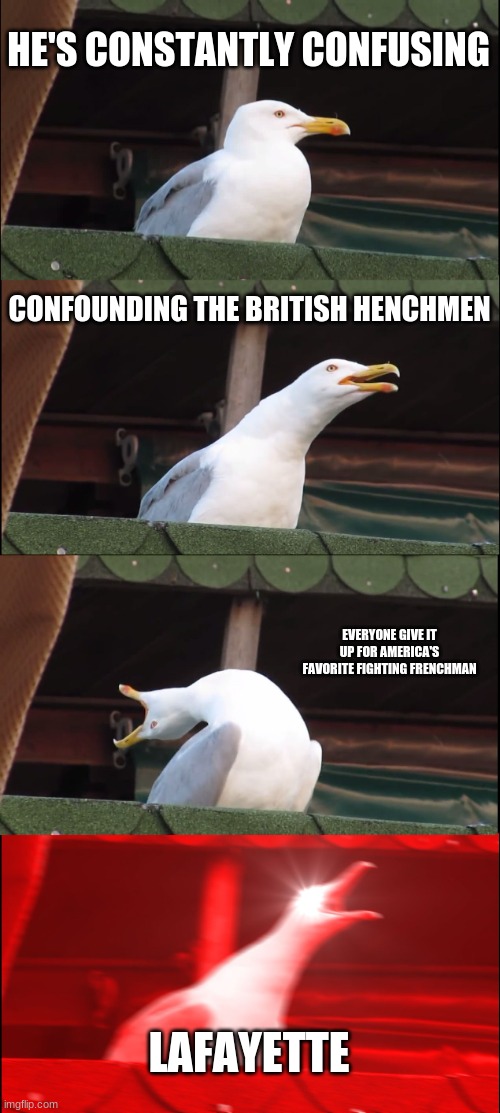 IM TAKING THIS HORSE BY THE R E I  N S | HE'S CONSTANTLY CONFUSING; CONFOUNDING THE BRITISH HENCHMEN; EVERYONE GIVE IT UP FOR AMERICA'S FAVORITE FIGHTING FRENCHMAN; LAFAYETTE | image tagged in memes,inhaling seagull | made w/ Imgflip meme maker