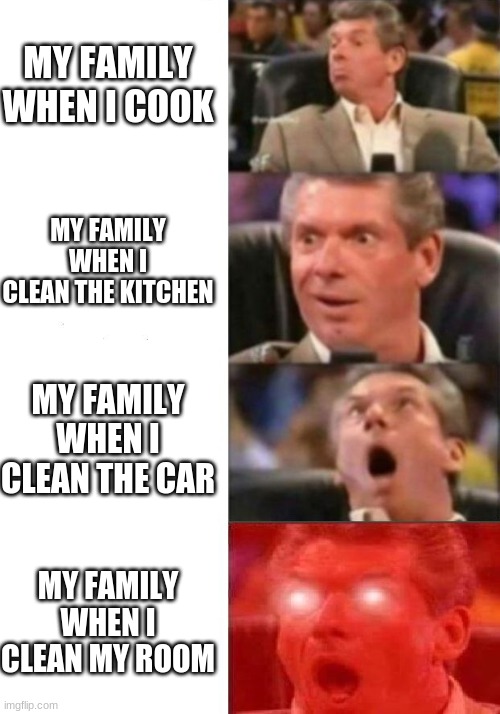 i do be shockin | MY FAMILY WHEN I COOK; MY FAMILY WHEN I CLEAN THE KITCHEN; MY FAMILY WHEN I CLEAN THE CAR; MY FAMILY WHEN I CLEAN MY ROOM | image tagged in mr mcmahon reaction | made w/ Imgflip meme maker