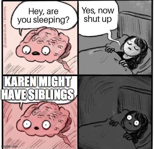 That moment when you realize that Karen might not be an only child | KAREN MIGHT HAVE SIBLINGS | image tagged in hey are you sleeping | made w/ Imgflip meme maker