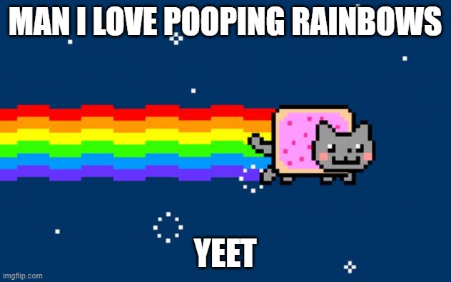 Nyan Cat | MAN I LOVE POOPING RAINBOWS; YEET | image tagged in nyan cat | made w/ Imgflip meme maker