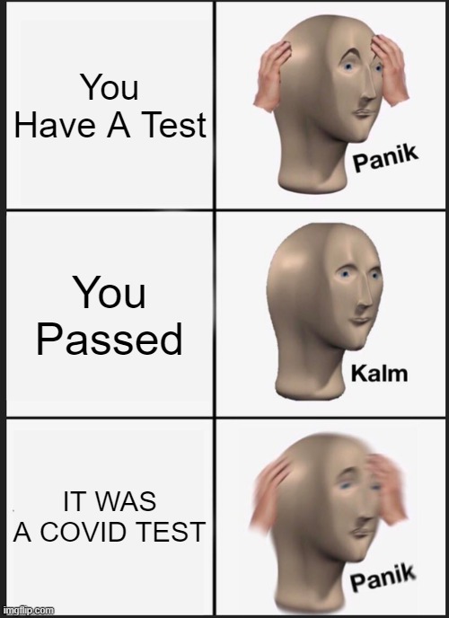 ooooh ma goooooooooosh | You Have A Test; You Passed; IT WAS A COVID TEST | image tagged in memes,panik kalm panik | made w/ Imgflip meme maker