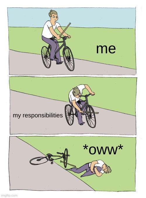 Bike Fall Meme | me; my responsibilities; *oww* | image tagged in memes,bike fall | made w/ Imgflip meme maker