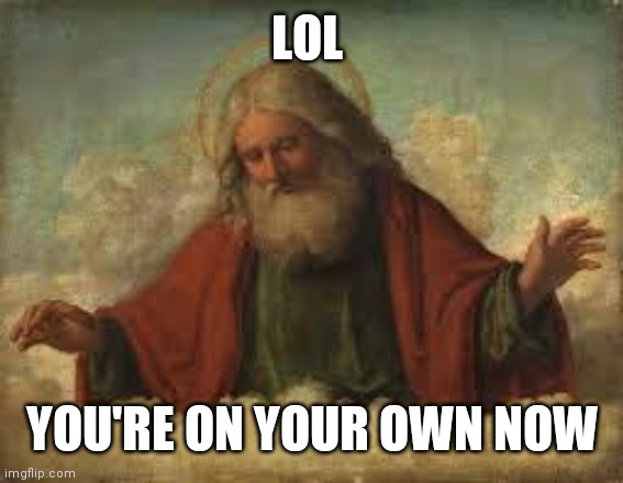god | LOL YOU'RE ON YOUR OWN NOW | image tagged in god | made w/ Imgflip meme maker