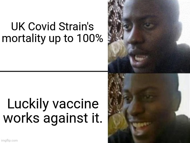 Lel | UK Covid Strain's mortality up to 100%; Luckily vaccine works against it. | image tagged in reversed disappointed black man,coronavirus,covid-19,uk covid strain,vaccines,memes | made w/ Imgflip meme maker