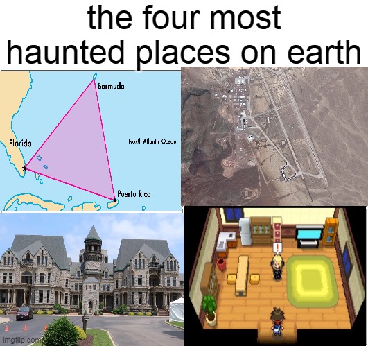 cynthia be like | the four most haunted places on earth | image tagged in memes,blank comic panel 2x2,pokemon,funny,cynthia | made w/ Imgflip meme maker