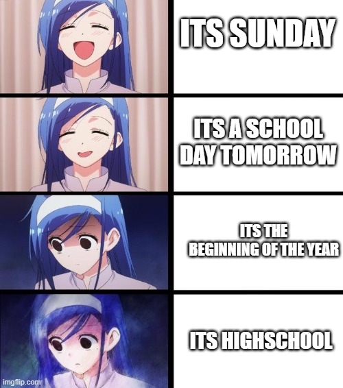 school sucks- | ITS SUNDAY; ITS A SCHOOL DAY TOMORROW; ITS THE BEGINNING OF THE YEAR; ITS HIGHSCHOOL | image tagged in depressed fumino | made w/ Imgflip meme maker