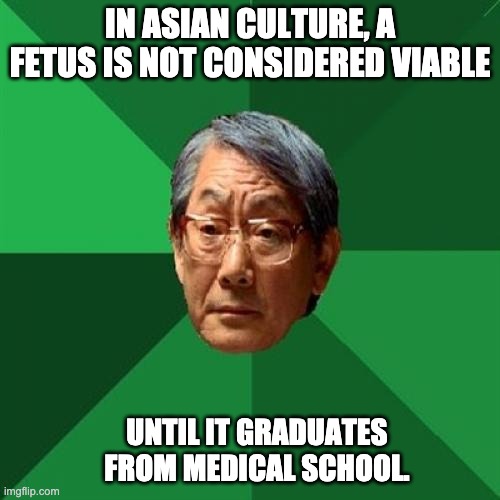 Fetus |  IN ASIAN CULTURE, A FETUS IS NOT CONSIDERED VIABLE; UNTIL IT GRADUATES FROM MEDICAL SCHOOL. | image tagged in memes,high expectations asian father | made w/ Imgflip meme maker