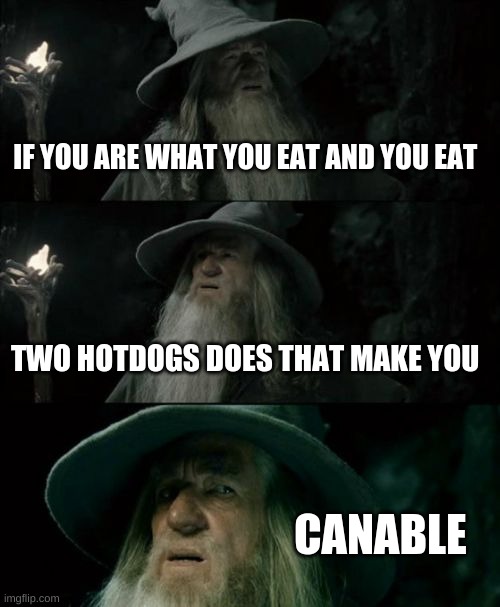 Brain power bam | IF YOU ARE WHAT YOU EAT AND YOU EAT; TWO HOTDOGS DOES THAT MAKE YOU; CANABLE | image tagged in memes,confused gandalf | made w/ Imgflip meme maker