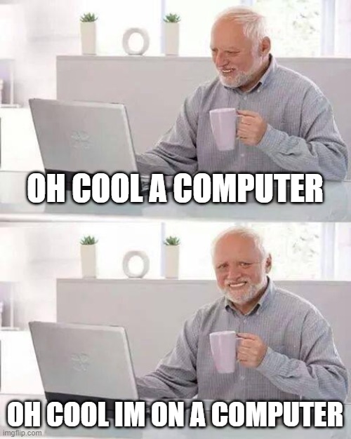 im on a computer | OH COOL A COMPUTER; OH COOL IM ON A COMPUTER | image tagged in memes,hide the pain harold | made w/ Imgflip meme maker