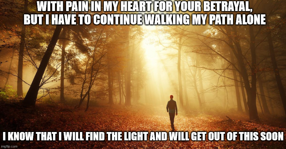 treason from the women I love | WITH PAIN IN MY HEART FOR YOUR BETRAYAL, BUT I HAVE TO CONTINUE WALKING MY PATH ALONE; I KNOW THAT I WILL FIND THE LIGHT AND WILL GET OUT OF THIS SOON | image tagged in walking alone my path,treason,love,walking alone,continue in this journey | made w/ Imgflip meme maker