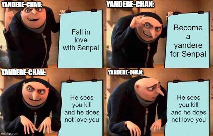 Yan-Chan's Plan | YANDERE-CHAN:; YANDERE-CHAN:; Fall in love with Senpai; Become a yandere for Senpai; YANDERE-CHAN:; YANDERE-CHAN:; He sees you kill and he does not love you; He sees you kill and he does not love you | image tagged in memes,gru's plan | made w/ Imgflip meme maker