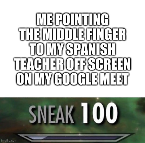 true story | ME POINTING THE MIDDLE FINGER TO MY SPANISH TEACHER OFF SCREEN ON MY GOOGLE MEET | image tagged in memes,funny,sneak 100,middle finger | made w/ Imgflip meme maker