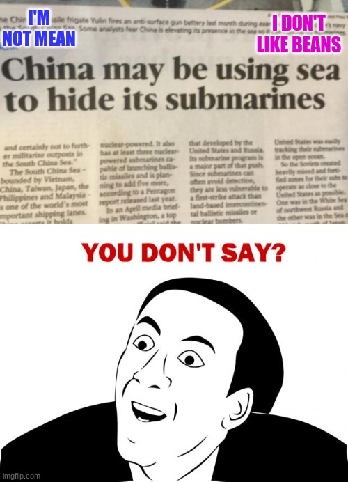 Wow, good observation! | I DON'T LIKE BEANS; I'M NOT MEAN | image tagged in memes,you don't say,submarine,newspaper,poems | made w/ Imgflip meme maker