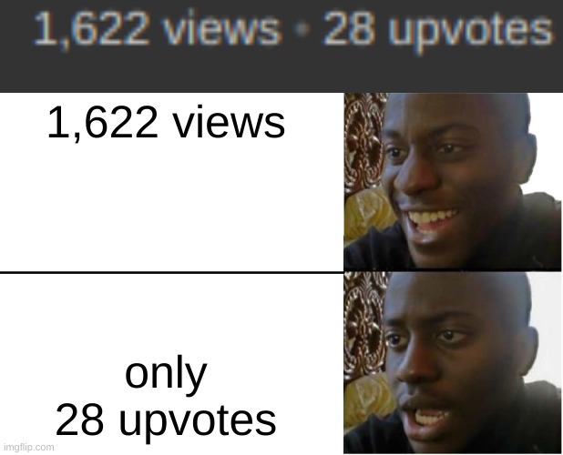 True story | 1,622 views; only 28 upvotes | image tagged in disappointed black guy,upvotes,views,oof | made w/ Imgflip meme maker