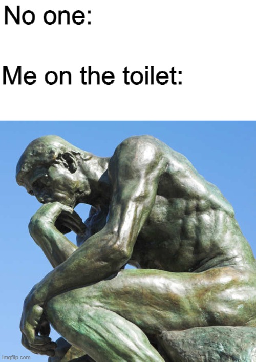 The shower and the toilet are my thinking spaces | No one:; Me on the toilet: | image tagged in no one,thinking,toilet,funny,memes | made w/ Imgflip meme maker