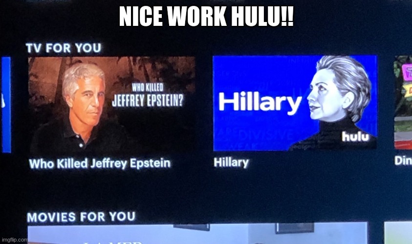 Hey Hulu, who killed Epstein?? | NICE WORK HULU!! | image tagged in hulu,jeffrey epstein,who killed epstein,hillary | made w/ Imgflip meme maker