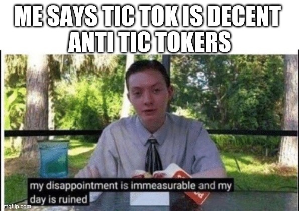 My dissapointment is immeasurable and my day is ruined | ME SAYS TIC TOK IS DECENT 
ANTI TIC TOKERS | image tagged in my dissapointment is immeasurable and my day is ruined | made w/ Imgflip meme maker