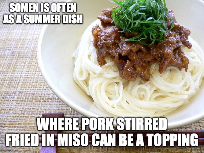 Pork Miso Somen | SOMEN IS OFTEN AS A SUMMER DISH; WHERE PORK STIRRED FRIED IN MISO CAN BE A TOPPING | image tagged in noodles,somen,food,memes | made w/ Imgflip meme maker