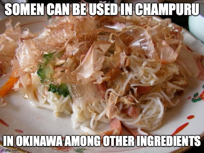 Somen Champuru | SOMEN CAN BE USED IN CHAMPURU; IN OKINAWA AMONG OTHER INGREDIENTS | image tagged in food,noodles,somen | made w/ Imgflip meme maker