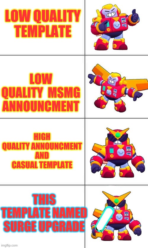 Surge Upgrade | LOW QUALITY TEMPLATE; LOW QUALITY  MSMG ANNOUNCMENT; HIGH QUALITY ANNOUNCMENT AND CASUAL TEMPLATE; THIS TEMPLATE NAMED SURGE UPGRADE | image tagged in surge upgrade | made w/ Imgflip meme maker