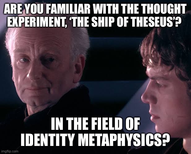 Did you hear the tragedy of Darth Plagueis the wise | ARE YOU FAMILIAR WITH THE THOUGHT EXPERIMENT, ‘THE SHIP OF THESEUS’? IN THE FIELD OF IDENTITY METAPHYSICS? | image tagged in did you hear the tragedy of darth plagueis the wise,wandavision | made w/ Imgflip meme maker