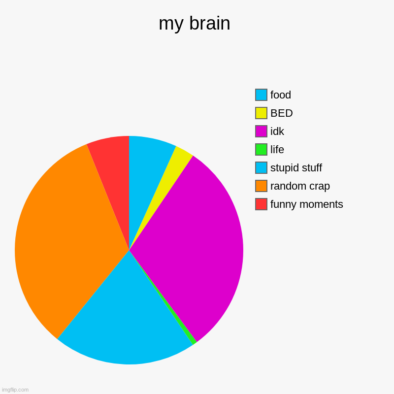 my brain | funny moments, random crap, stupid stuff, life, idk, BED, food | image tagged in charts,pie charts | made w/ Imgflip chart maker