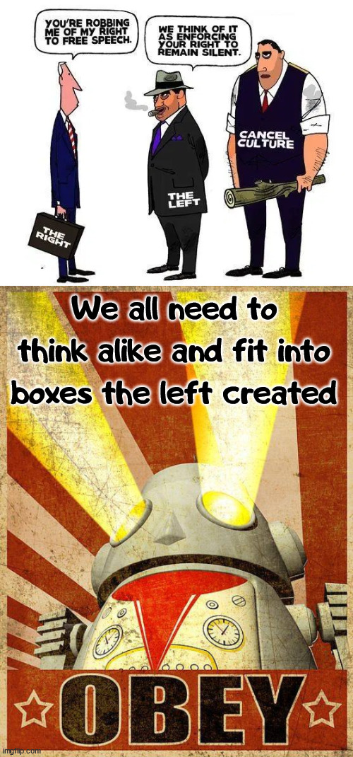People are not all the same and think differently. | We all need to think alike and fit into boxes the left created | image tagged in political meme,free speech,thoughts | made w/ Imgflip meme maker
