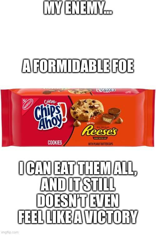 MY ENEMY... A FORMIDABLE FOE; I CAN EAT THEM ALL,
AND IT STILL
DOESN’T EVEN FEEL LIKE A VICTORY | image tagged in memes | made w/ Imgflip meme maker