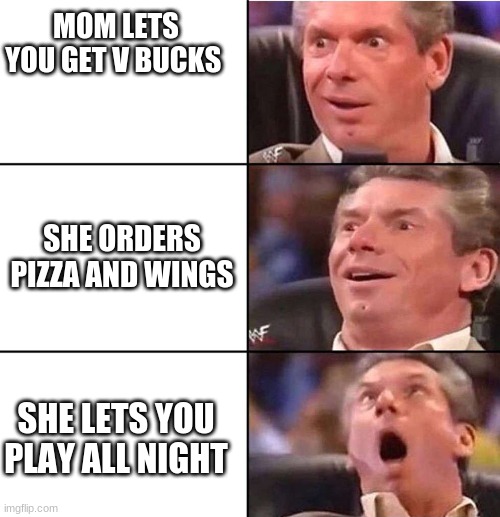 wwe | MOM LETS YOU GET V BUCKS; SHE ORDERS PIZZA AND WINGS; SHE LETS YOU PLAY ALL NIGHT | image tagged in wwe | made w/ Imgflip meme maker