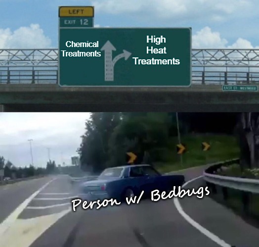 Bedbug Decisions | High Heat Treatments; Chemical Treatments; Person w/ Bedbugs | image tagged in bedbugs,driving,bad driver,exit 12 highway meme,oops | made w/ Imgflip meme maker