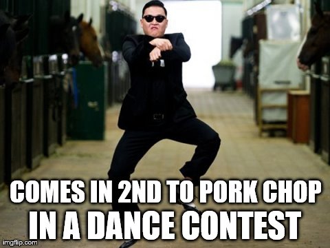Psy Horse Dance Meme | COMES IN 2ND TO PORK CHOP IN A DANCE CONTEST | image tagged in memes,psy horse dance | made w/ Imgflip meme maker