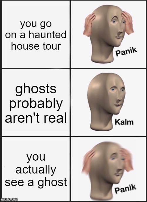 Careful what you wish for! | you go on a haunted house tour; ghosts probably aren't real; you actually see a ghost | image tagged in memes,panik kalm panik,ghosts | made w/ Imgflip meme maker