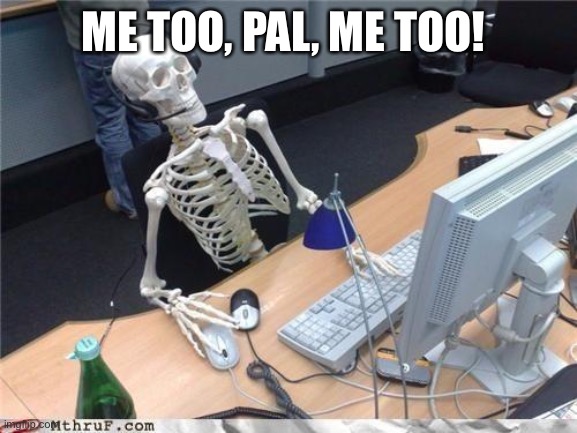 Waiting skeleton | ME TOO, PAL, ME TOO! | image tagged in waiting skeleton | made w/ Imgflip meme maker