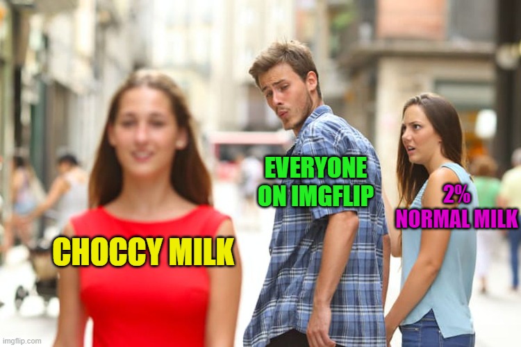 Enough w/ the Choccy Milk Already! | 2% NORMAL MILK; EVERYONE ON IMGFLIP; CHOCCY MILK | image tagged in memes,distracted boyfriend,choccy milk,have some choccy milk,imgflip users,milk | made w/ Imgflip meme maker