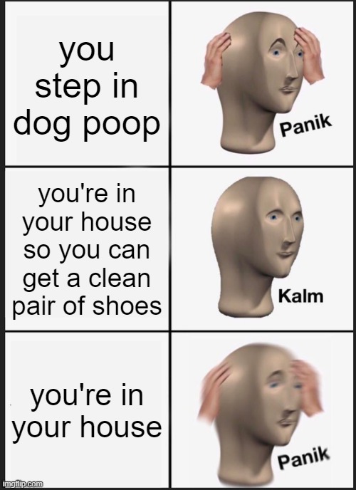 Has This Ever Happened To You??? | you step in dog poop; you're in your house so you can get a clean pair of shoes; you're in your house | image tagged in memes,panik kalm panik,dog poop,dogs,shoes,house | made w/ Imgflip meme maker
