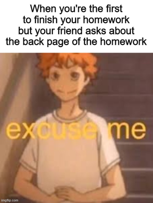 *Facepalm* | When you're the first to finish your homework but your friend asks about the back page of the homework | image tagged in excuse me | made w/ Imgflip meme maker