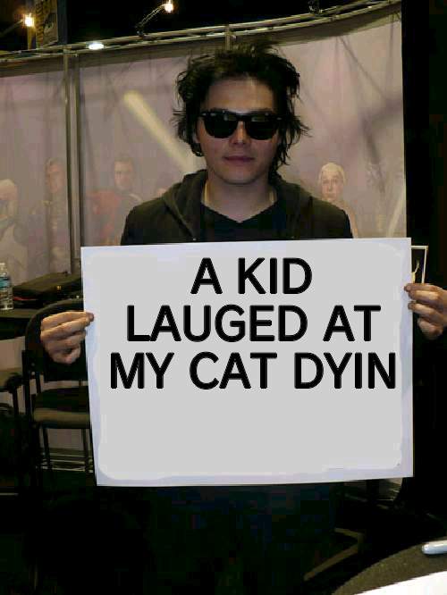 Gerard Way holding sign | A KID LAUGED AT MY CAT DYIN | image tagged in gerard way holding sign | made w/ Imgflip meme maker