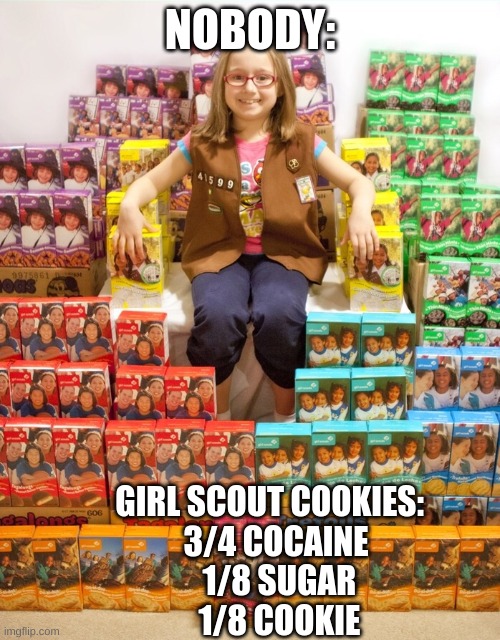 Cookie formula | NOBODY:; GIRL SCOUT COOKIES: 
        3/4 COCAINE
         1/8 SUGAR
         1/8 COOKIE | image tagged in girl scout cookies,meme | made w/ Imgflip meme maker